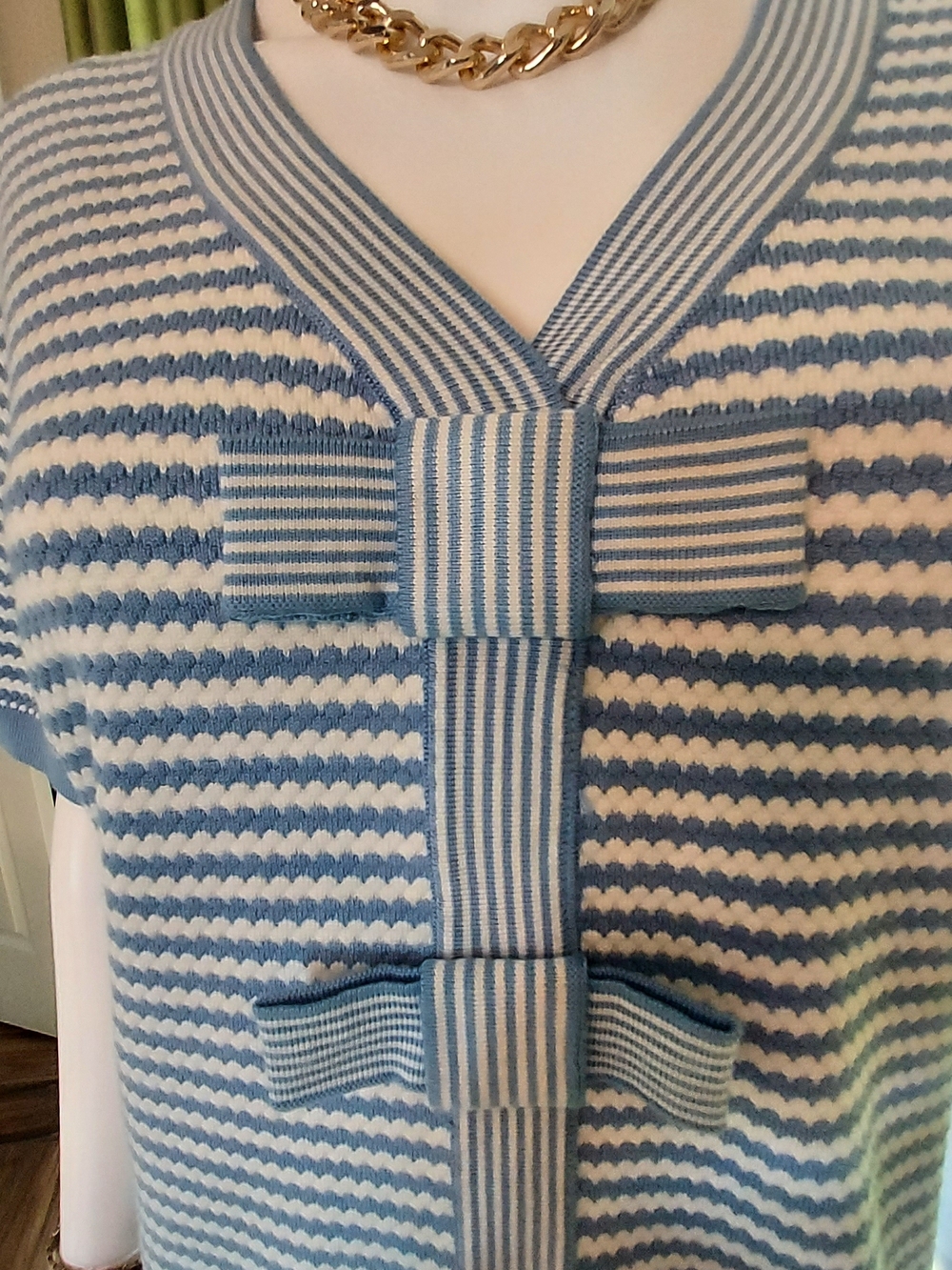 Adrianna Papell Blue & White Striped Short-Sleeve Sweater with Bow Accents - Picture 2 of 12